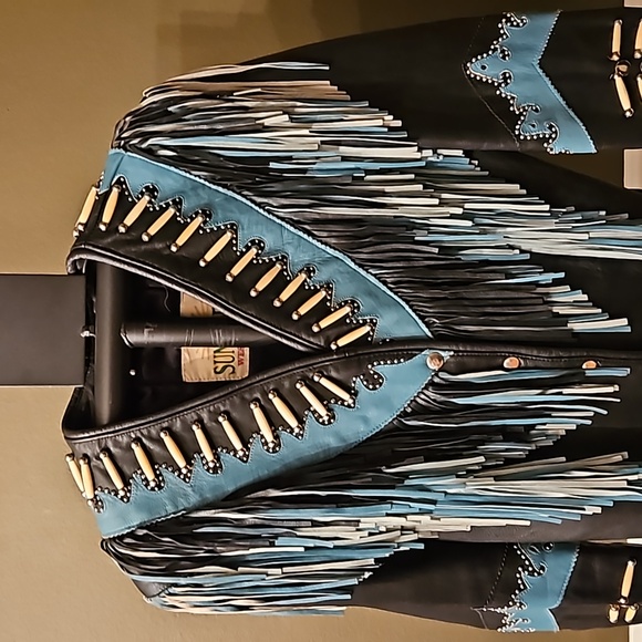 Sunriders Western Wear Turquoise & Black Fringe Bone Bead Riders Jacket sz L - Picture 2 of 13